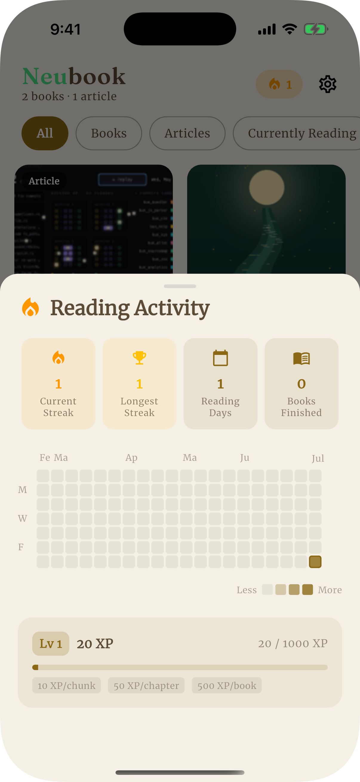 Reading activity with streaks and goals