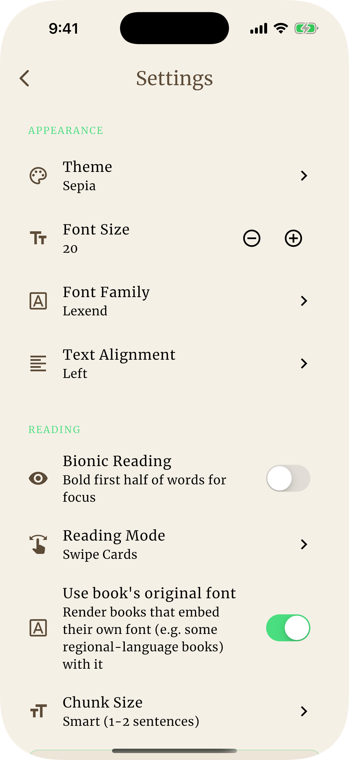 Reader settings — themes, fonts and spacing