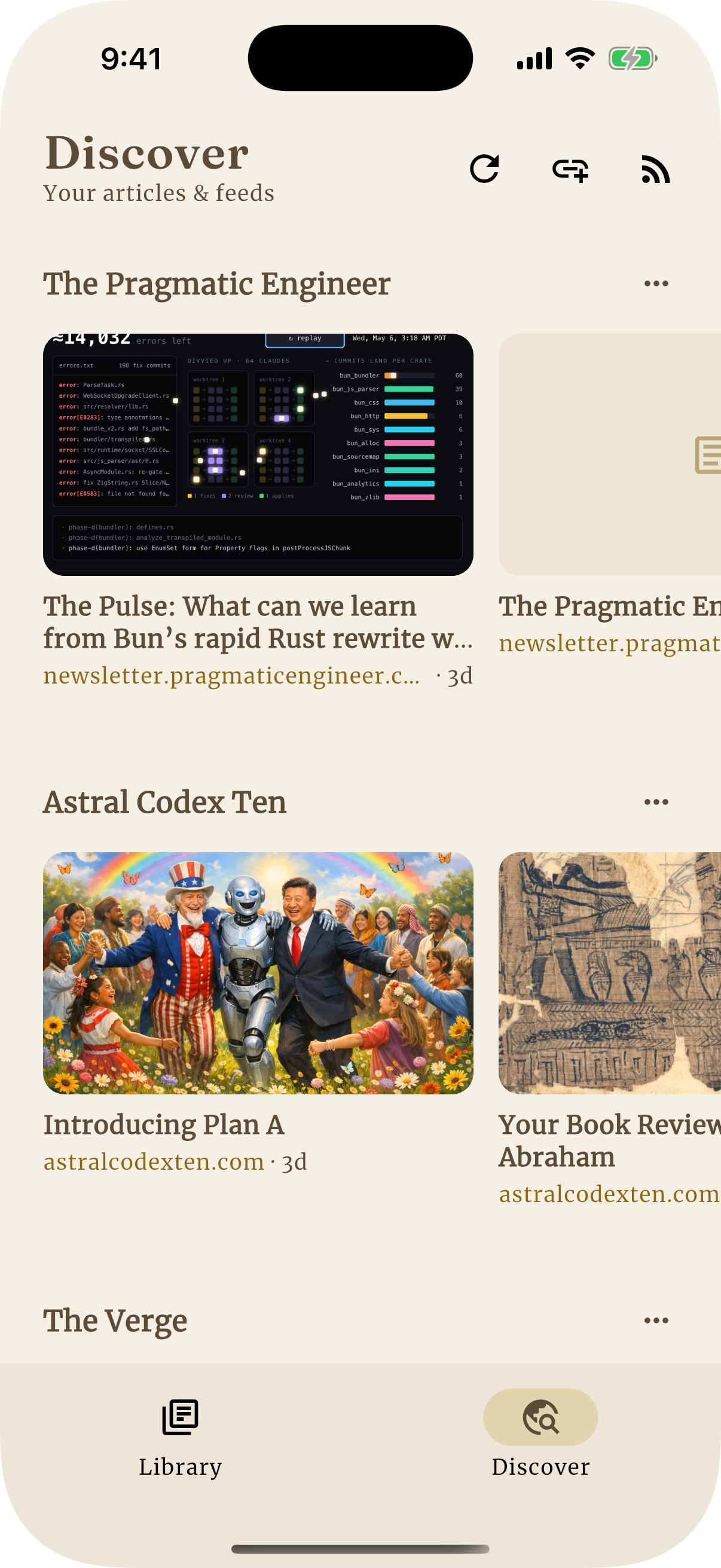 Discover screen with feeds and suggestions