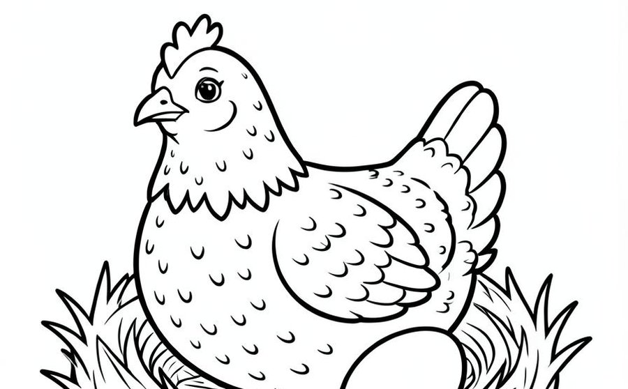A colouring page drawn in the studio: a hen on a nest with one egg, black outlines on white